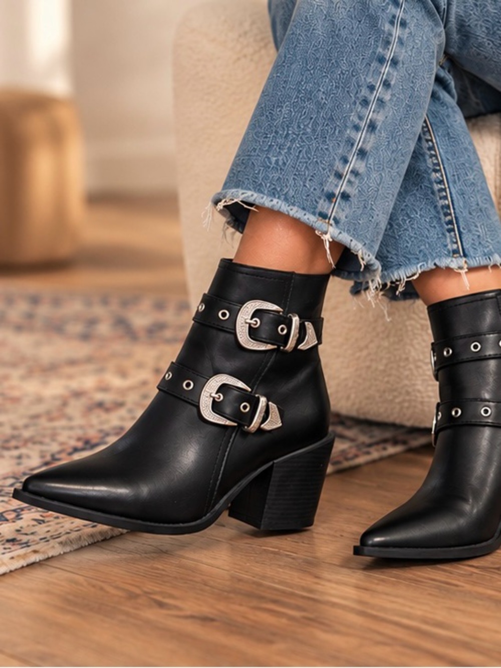 Black Leather Buckle Ankle Boots - Women’s size 7